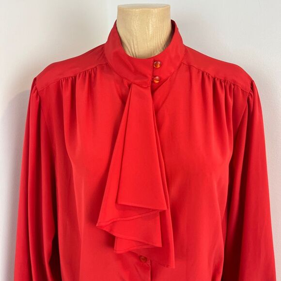 Vintage 80s Elite Women's 18 Red Long Sleeve Regal Ruffled Button Down Shirt Top - Picture 2 of 15